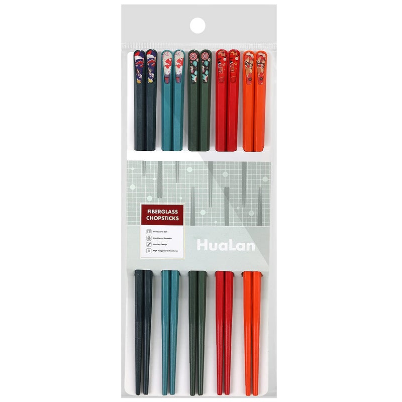 HuaLan Colorful Fiberglass Chopsticks, Reusable Non-slip Chopsticks, 9 1/2 Inches, 5 Pairs - Image 1
