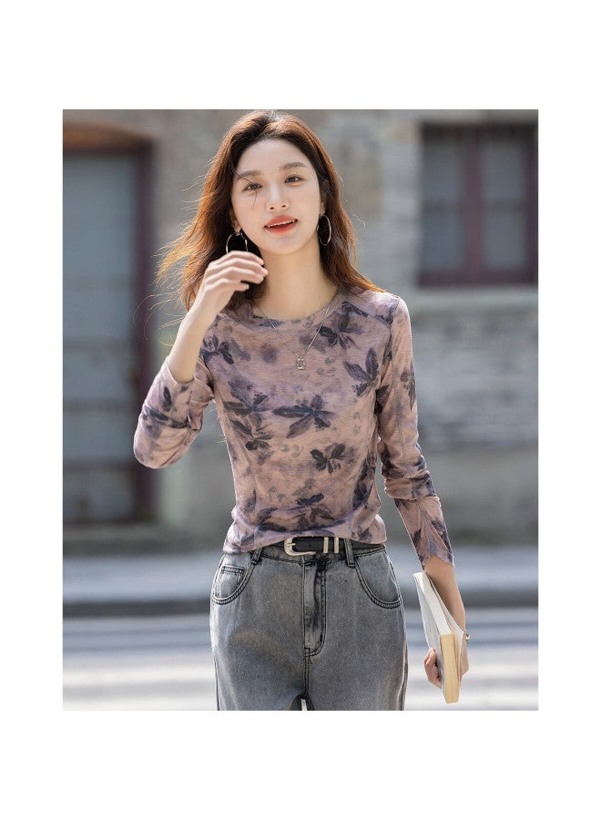 Dme Spring And Autumn Gentle Lazy Tie-dye Art Base Shirt, Long Sleeve, Lightweight, Pee Women's T-shirt - Image 4