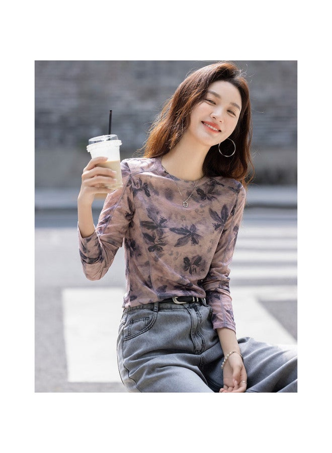 Dme Spring And Autumn Gentle Lazy Tie-dye Art Base Shirt, Long Sleeve, Lightweight, Pee Women's T-shirt - Image 1