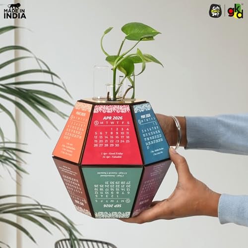 Gift Kya De 2026 Desk Calendar with Hexagon Planter | Wooden 3D Pentagonal Table Calendar Big Size | Colourful Monthly Display | Premium Office Desk Decorative Item & Corporate Gift | Unique Table Décor - Image 3