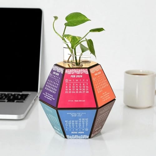 Gift Kya De 2026 Desk Calendar with Hexagon Planter | Wooden 3D Pentagonal Table Calendar Big Size | Colourful Monthly Display | Premium Office Desk Decorative Item & Corporate Gift | Unique Table Décor - Image 2