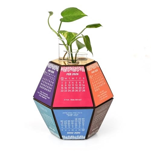 Gift Kya De 2026 Desk Calendar with Hexagon Planter | Wooden 3D Pentagonal Table Calendar Big Size | Colourful Monthly Display | Premium Office Desk Decorative Item & Corporate Gift | Unique Table Décor - Image 1