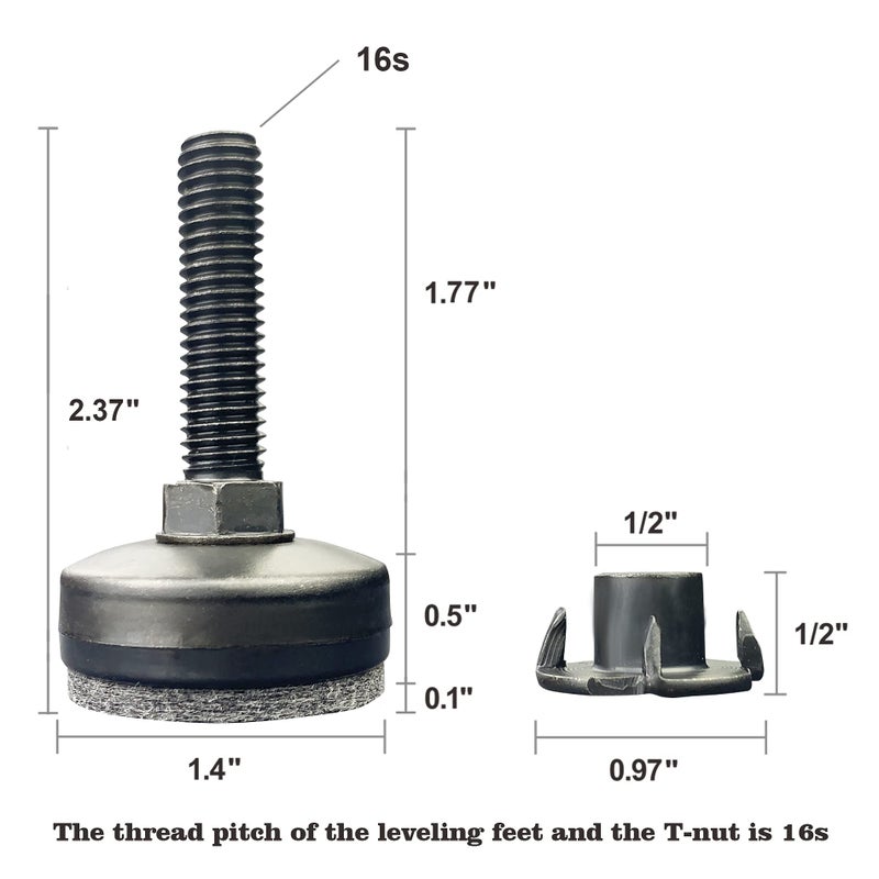 Twig 3/8" Threaded Leveling Feet Adjustable Table/Furniture Feet Levelers Screw on Heavy Duty Desk/Chair/Cabinet/Dresser/Bench Leg Leveler Screw in with Threaded Inserts(3/8-16,Large Base,Black,4 Pack) - Image 2