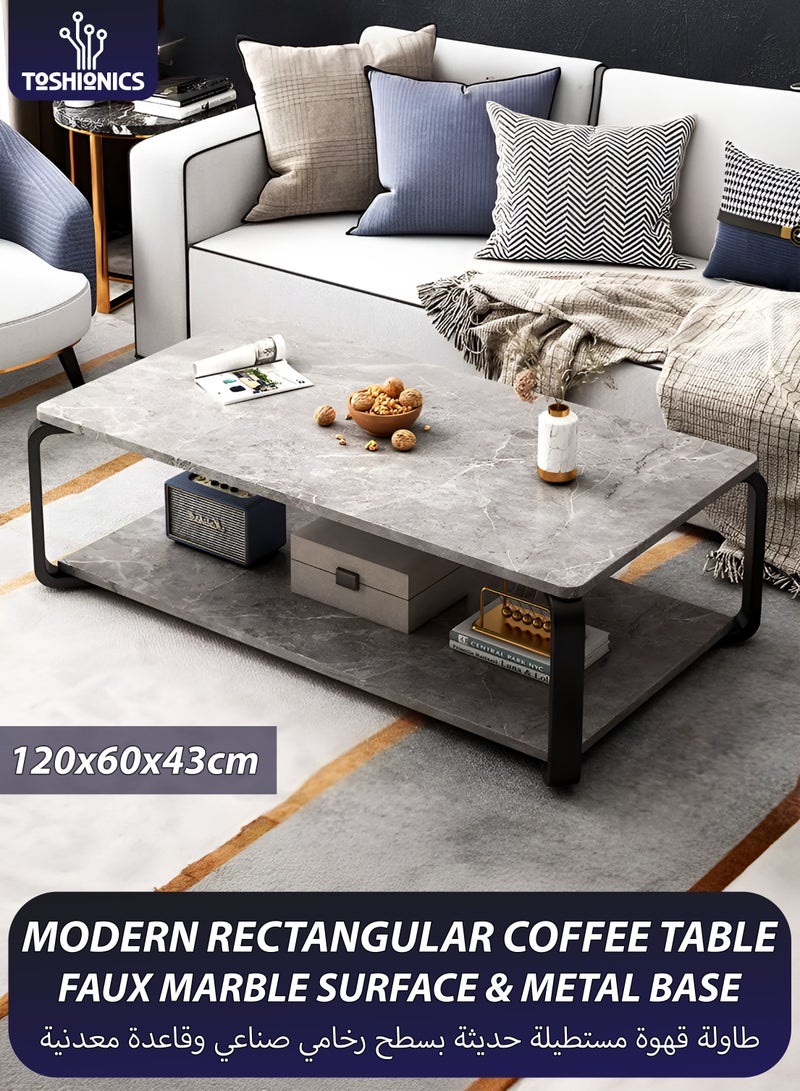 Toshionics Luxurious Faux Grey Marble Finish 2 Tier Rectangular Coffee Table Modern Centre Cocktail Sofa Table with Black Steel Frame Base Living Room Office Reception Restaurant Hotel Lobby Bedroom Home Outdoor Garden Patio Decoration Furniture Rectangle Accent Design Tea Table With Bottom Storage Shelf Rack 120x60x43cm - Image 1