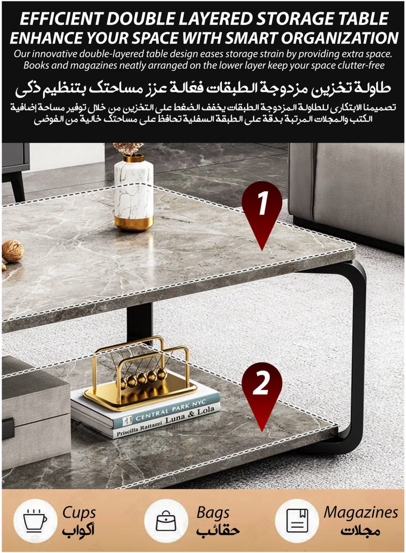 Toshionics Luxurious Faux Grey Marble Finish 2 Tier Rectangular Coffee Table Modern Centre Cocktail Sofa Table with Black Steel Frame Base Living Room Office Reception Restaurant Hotel Lobby Bedroom Home Outdoor Garden Patio Decoration Furniture Rectangle Accent Design Tea Table With Bottom Storage Shelf Rack 120x60x43cm - Image 2