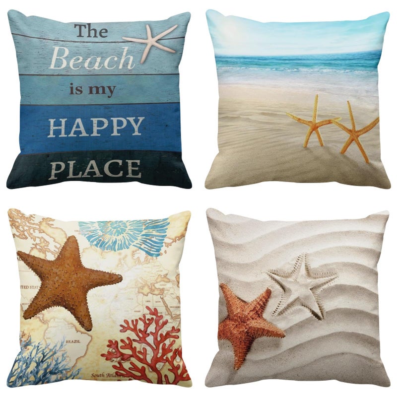 Emvency Set of 4 Throw Pillow Covers Beach Starfish and Summer is My Happy Place Rhinestone Decorative Pillow Cases Home Decor Square 18x18 Inches Pillowcases