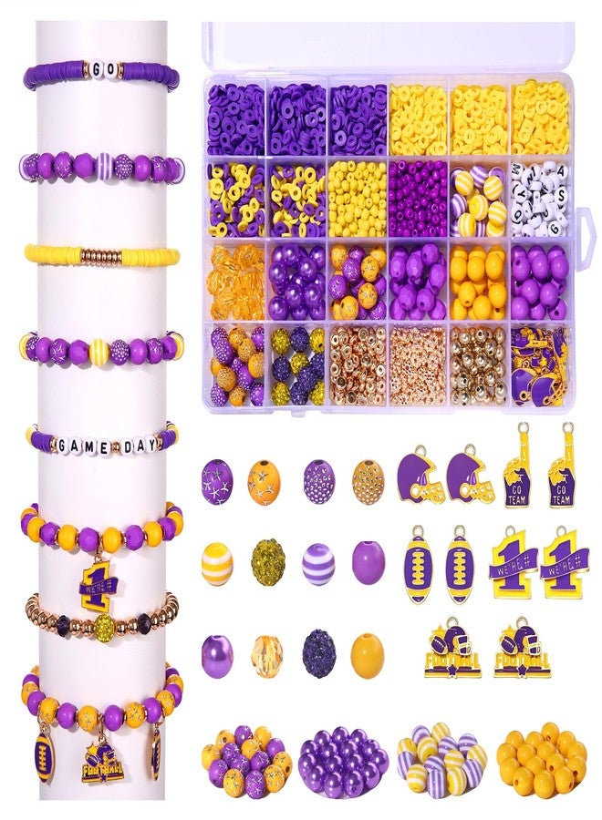 HSWE Game Day Beads for Bracelets Making Kit Heishi Clay Pearl Letter Assorted Round Bead Gold Spacer Beads Football Charms for DIY Bracelets Necklace Jewelry Making (Purple Yellow Game Day Kit) - Image 1