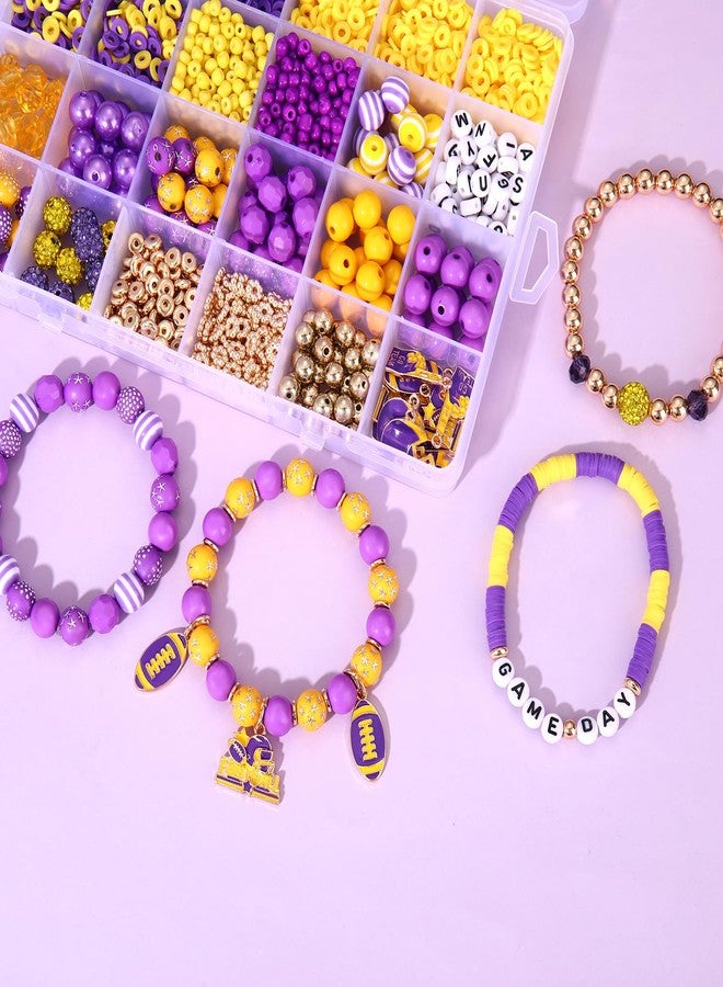 HSWE Game Day Beads for Bracelets Making Kit Heishi Clay Pearl Letter Assorted Round Bead Gold Spacer Beads Football Charms for DIY Bracelets Necklace Jewelry Making (Purple Yellow Game Day Kit) - Image 2