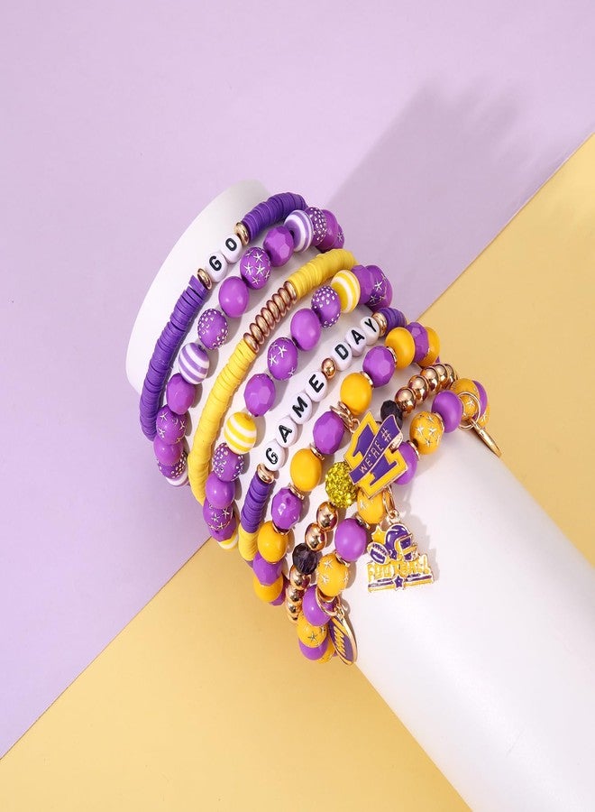 HSWE Game Day Beads for Bracelets Making Kit Heishi Clay Pearl Letter Assorted Round Bead Gold Spacer Beads Football Charms for DIY Bracelets Necklace Jewelry Making (Purple Yellow Game Day Kit) - Image 5