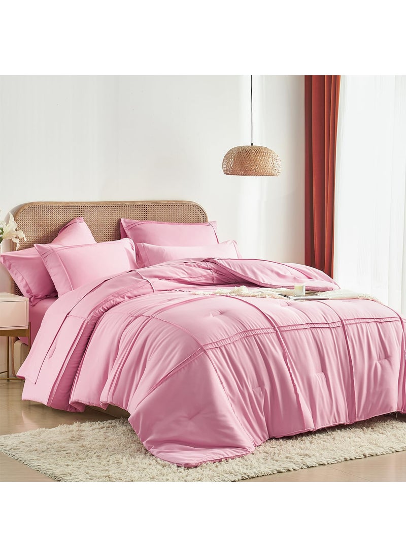 Yogeneg Yogeneg Full Size Comforter Set 7 Piece Bed in a Bag Grid Pinch Pleat Pink Bedding Set Striped Textured Soft Microfiber Comforter with Sheet Set All Season Complete Bed Set(Pink Full)  - Image 1
