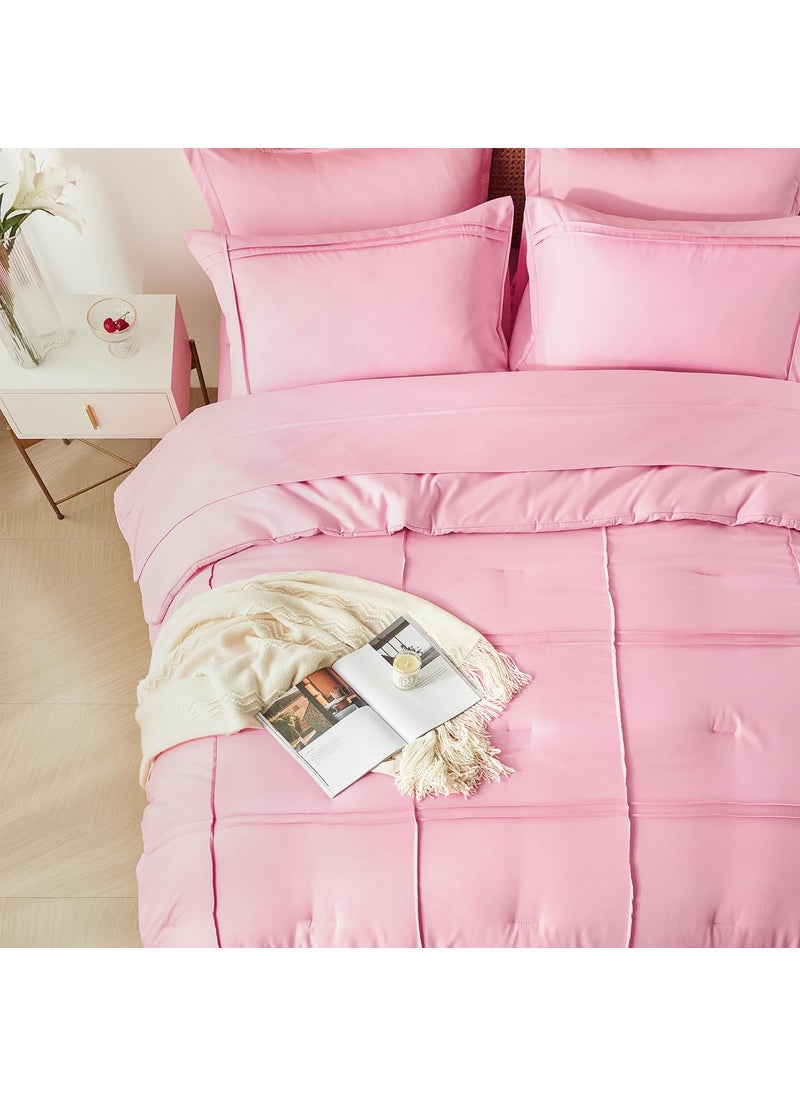 Yogeneg Yogeneg Full Size Comforter Set 7 Piece Bed in a Bag Grid Pinch Pleat Pink Bedding Set Striped Textured Soft Microfiber Comforter with Sheet Set All Season Complete Bed Set(Pink Full)  - Image 3