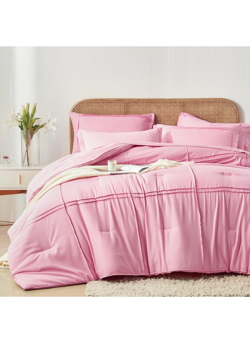 Yogeneg Yogeneg Full Size Comforter Set 7 Piece Bed in a Bag Grid Pinch Pleat Pink Bedding Set Striped Textured Soft Microfiber Comforter with Sheet Set All Season Complete Bed Set(Pink Full)  - Image 2