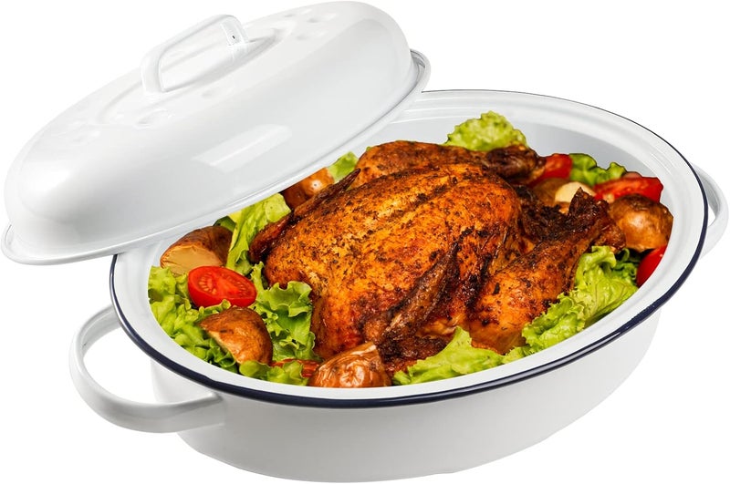 Webake Enameled Roasting Pan with Lid, Covered Roaster Pan Oval Pot Enamelware Cookware, 15.5 Inch, Vintage Farmhouse White - Image 4