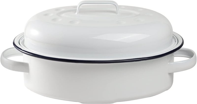 Webake Enameled Roasting Pan with Lid, Covered Roaster Pan Oval Pot Enamelware Cookware, 15.5 Inch, Vintage Farmhouse White - Image 1