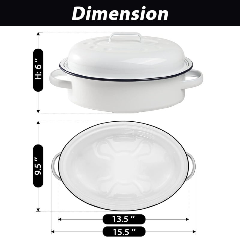 Webake Enameled Roasting Pan with Lid, Covered Roaster Pan Oval Pot Enamelware Cookware, 15.5 Inch, Vintage Farmhouse White - Image 2