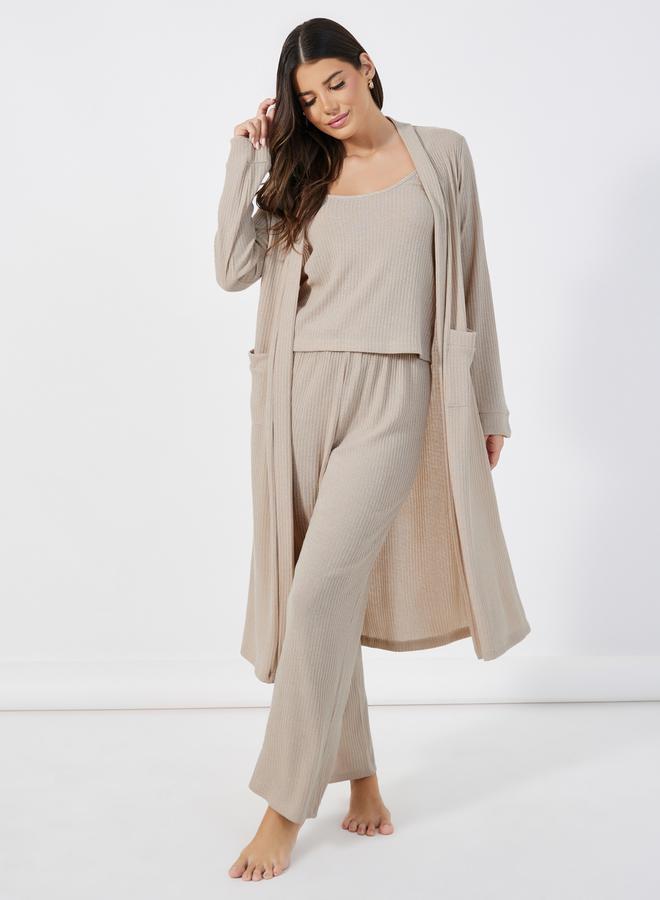 Styli Pack of 3 - Brushed Ribbed Strappy Cami Top, Pants & Robe - Image 1