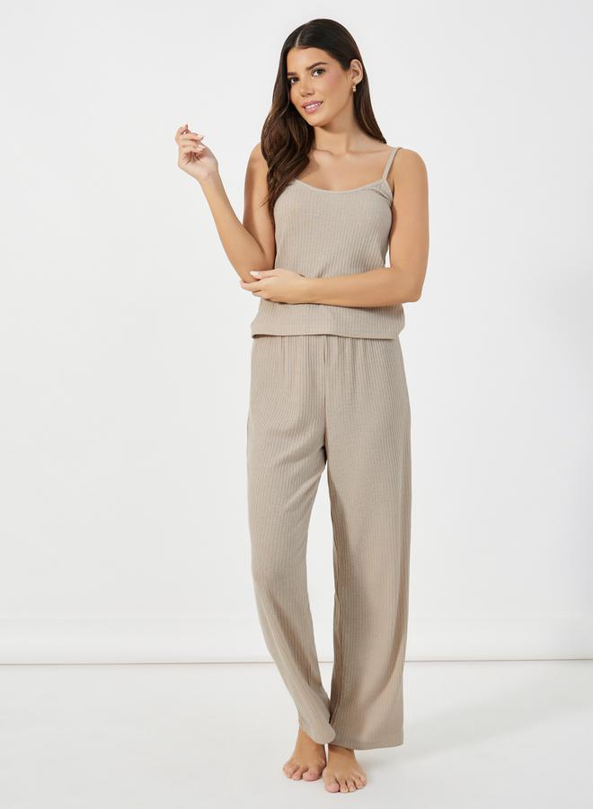 Styli Pack of 3 - Brushed Ribbed Strappy Cami Top, Pants & Robe - Image 2