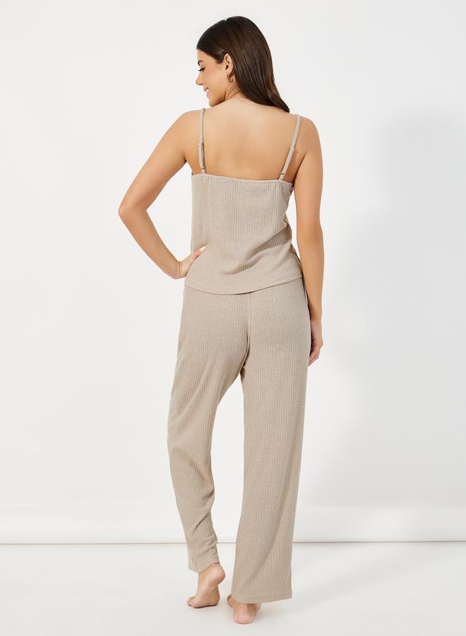 Styli Pack of 3 - Brushed Ribbed Strappy Cami Top, Pants & Robe - Image 5