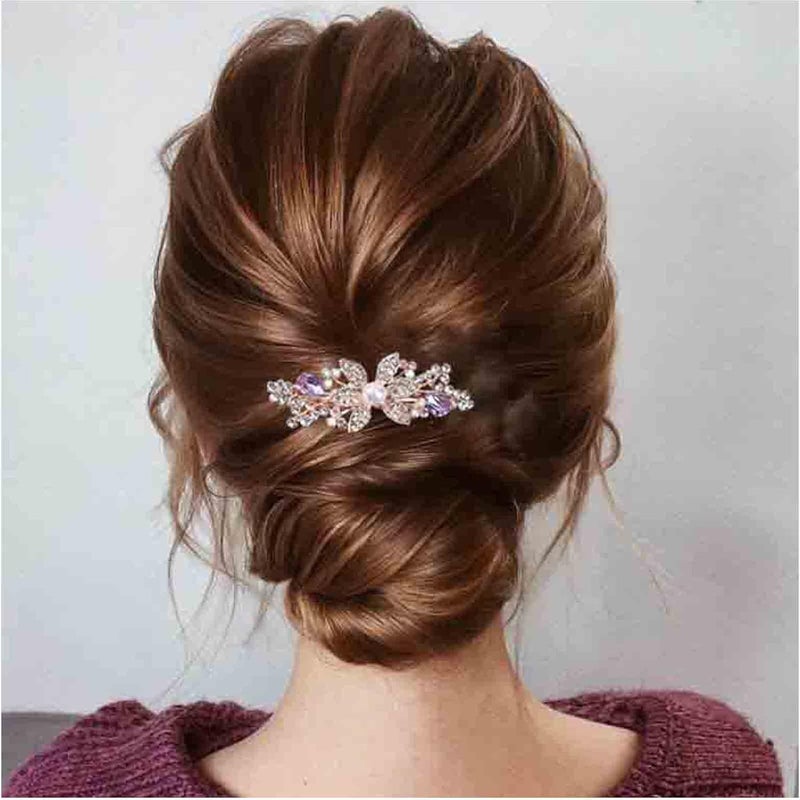 Pearl Rhinestone Wedding Floral Hair Clip with Gold Bling Bridal Headpiece for Women and Girls Gifts Gold with Purple