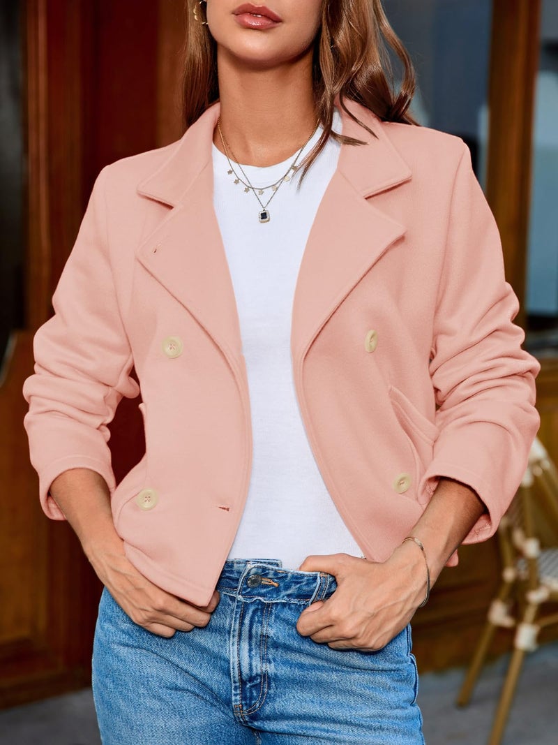 Fisoew Womens Cropped Blazers Business Casual Loose Fit Suits Double Breasted Open Front Cotton Blazer Jacket Pink - Image 3