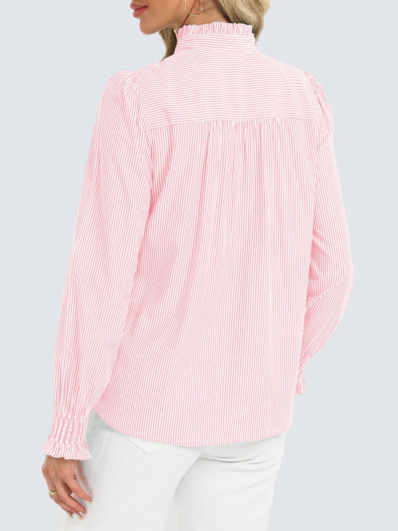 Funlingo Womens Striped Button Down Shirts 2026 Spring Long Sleeve Ruffle Collared Blouses Oversized Smocked Cuffed Work Business Casual Tops Pink White M - Image 4
