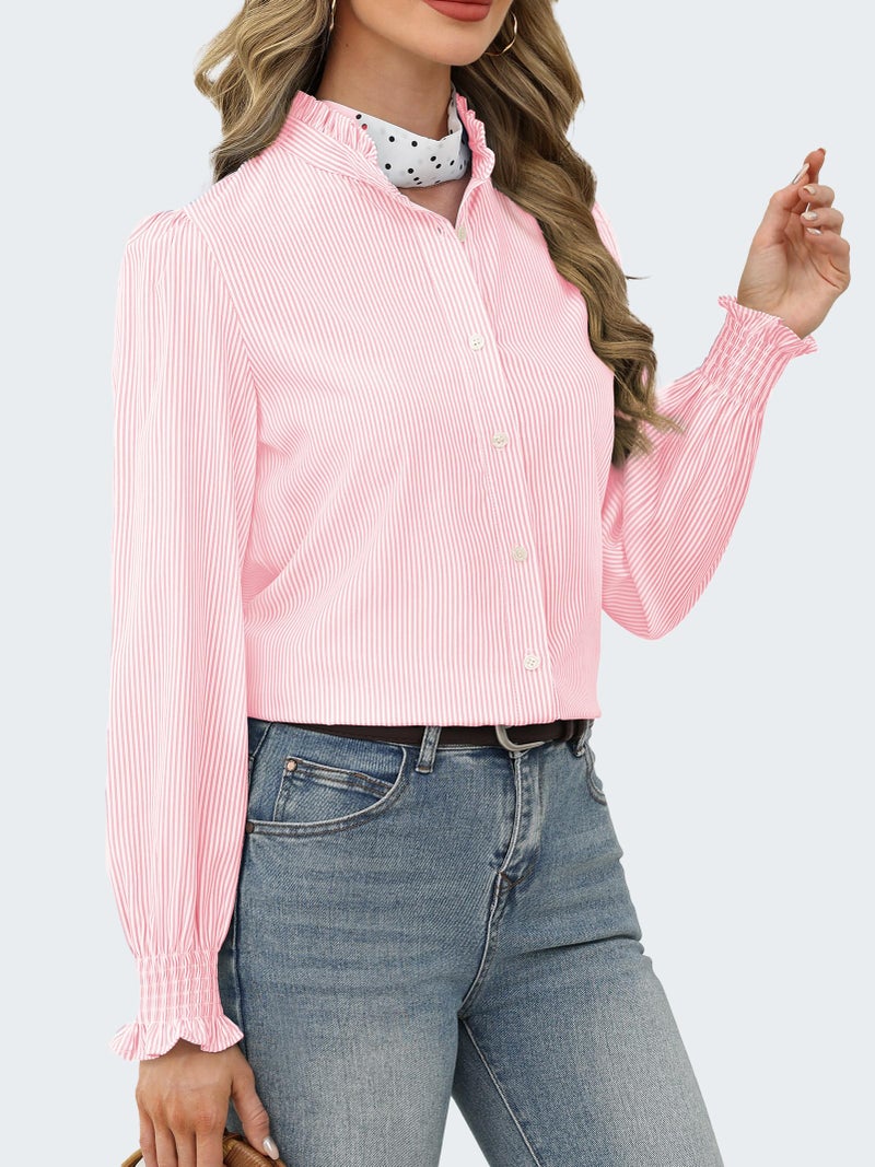 Funlingo Womens Striped Button Down Shirts 2026 Spring Long Sleeve Ruffle Collared Blouses Oversized Smocked Cuffed Work Business Casual Tops Pink White M - Image 3