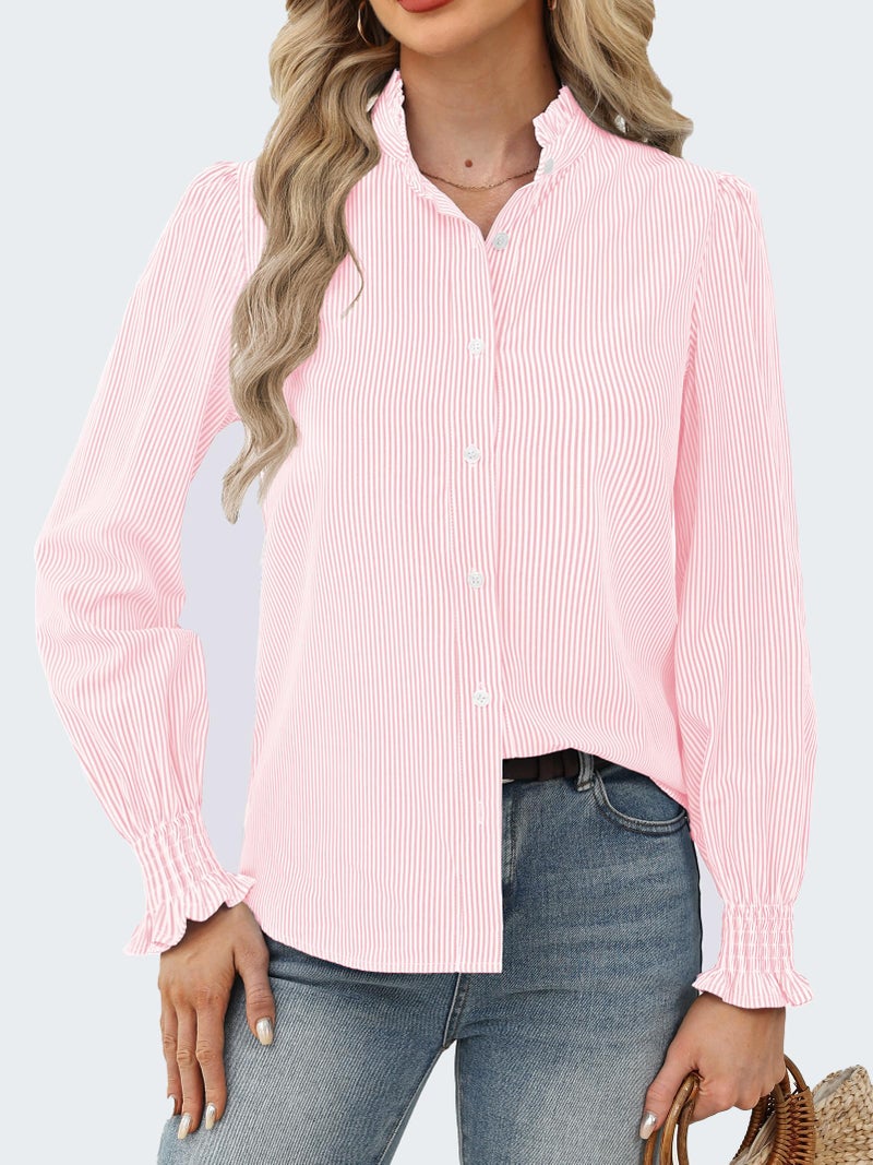 Funlingo Womens Striped Button Down Shirts 2026 Spring Long Sleeve Ruffle Collared Blouses Oversized Smocked Cuffed Work Business Casual Tops Pink White M - Image 2