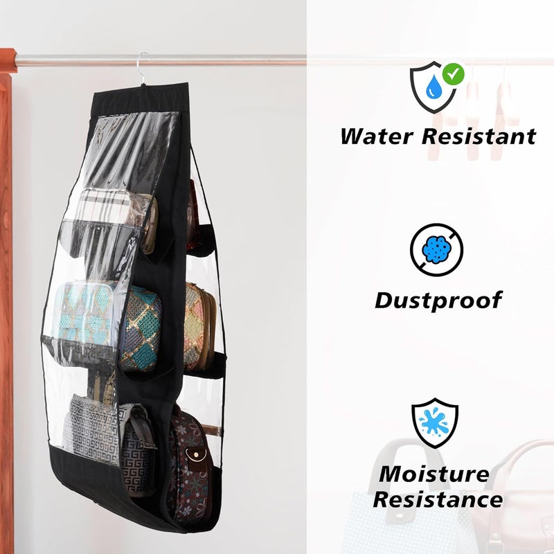 Kuber Industries Pack of 2 Hanging Organizer 6 Pocket Storage Hanger Handbag Organizer Hanging Purse for Wardrobe Transparent Clutch Organizer Handbag Storage for Closet Black - Image 4
