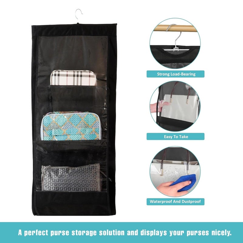 Kuber Industries Pack of 2 Hanging Organizer 6 Pocket Storage Hanger Handbag Organizer Hanging Purse for Wardrobe Transparent Clutch Organizer Handbag Storage for Closet Black - Image 2