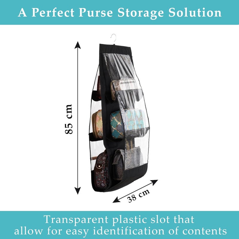 Kuber Industries Pack of 2 Hanging Organizer 6 Pocket Storage Hanger Handbag Organizer Hanging Purse for Wardrobe Transparent Clutch Organizer Handbag Storage for Closet Black - Image 3