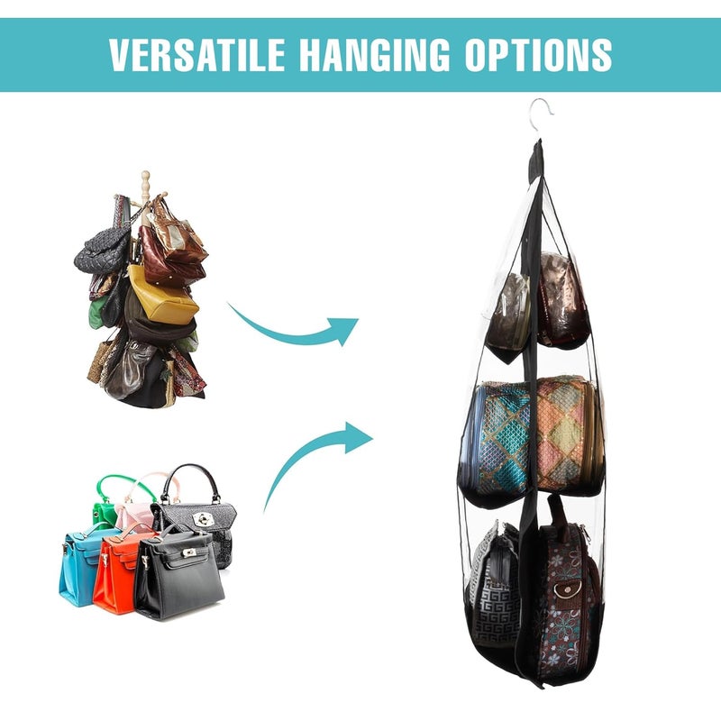 Kuber Industries Pack of 2 Hanging Organizer 6 Pocket Storage Hanger Handbag Organizer Hanging Purse for Wardrobe Transparent Clutch Organizer Handbag Storage for Closet Black - Image 5