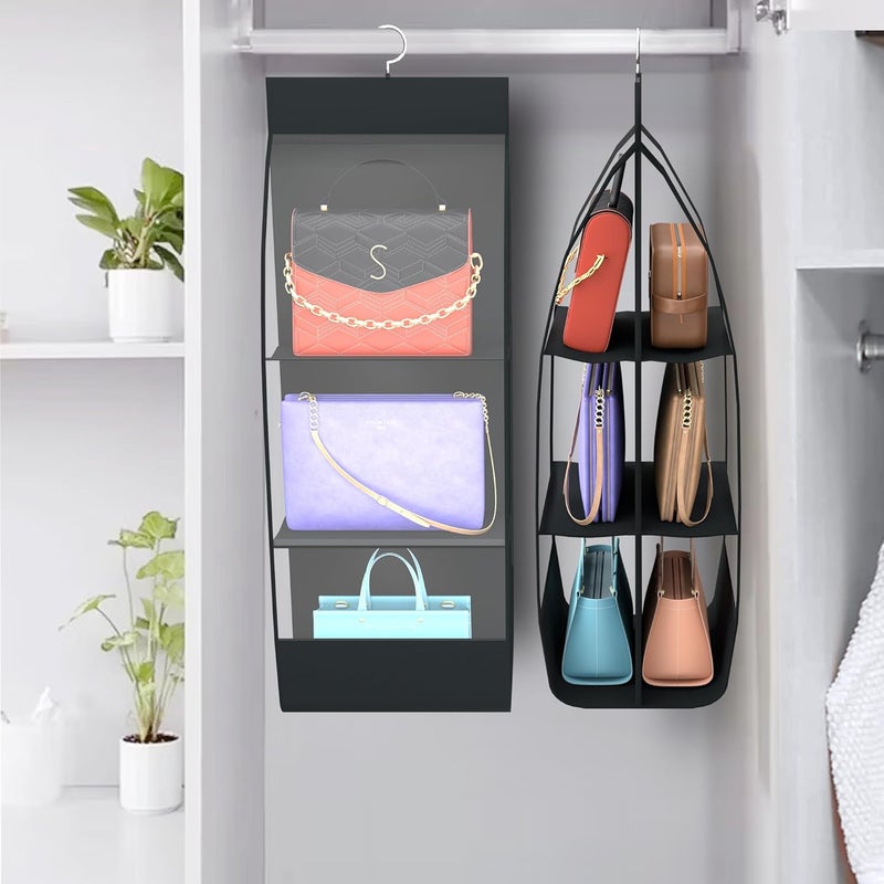 Kuber Industries Pack of 2 Hanging Organizer 6 Pocket Storage Hanger Handbag Organizer Hanging Purse for Wardrobe Transparent Clutch Organizer Handbag Storage for Closet Black - Image 1