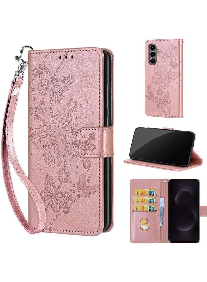 KENHONER Designed for Samsung Galaxy S25 FE 5G Case Wallet,Women Flip Folio Cover with Embossed PU Leather Stand Credit Card Holders Slots Wrist Strap Phone Case for Samsung S25 FE (Rose Gold Butterfly) - Image 1