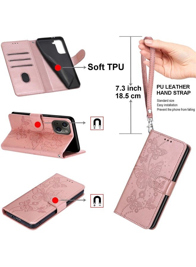 KENHONER Designed for Samsung Galaxy S25 FE 5G Case Wallet,Women Flip Folio Cover with Embossed PU Leather Stand Credit Card Holders Slots Wrist Strap Phone Case for Samsung S25 FE (Rose Gold Butterfly) - Image 4