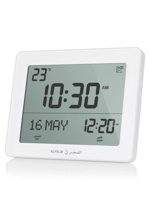 Alfajr Azan Clock with Prayer Timing Display CF-19 White LCD Prayer clock with Temperature Date and Automatic Athan Five Times