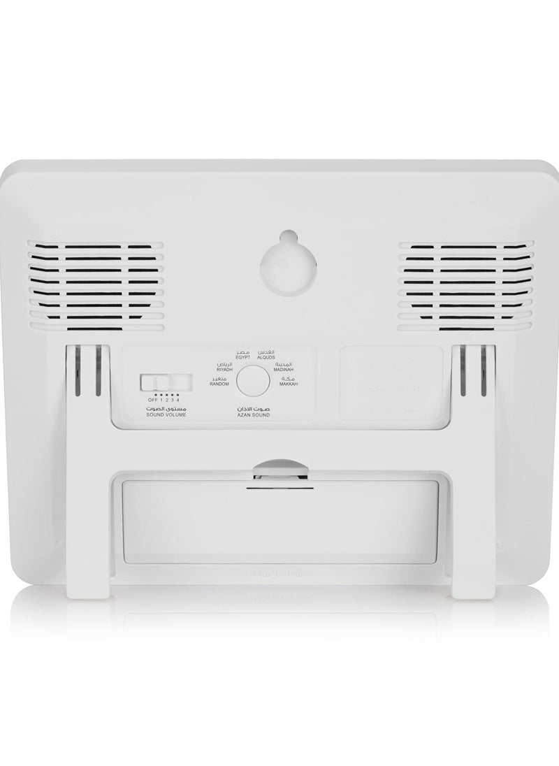 Alfajr Azan Clock with Prayer Timing Display CF-19 White LCD Prayer clock with Temperature Date and Automatic Athan Five Times