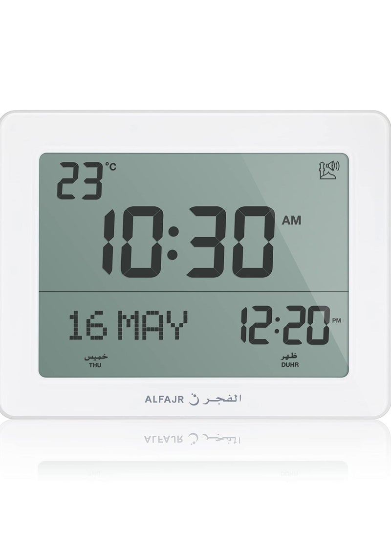 Alfajr Azan Clock with Prayer Timing Display CF-19 White LCD Prayer clock with Temperature Date and Automatic Athan Five Times