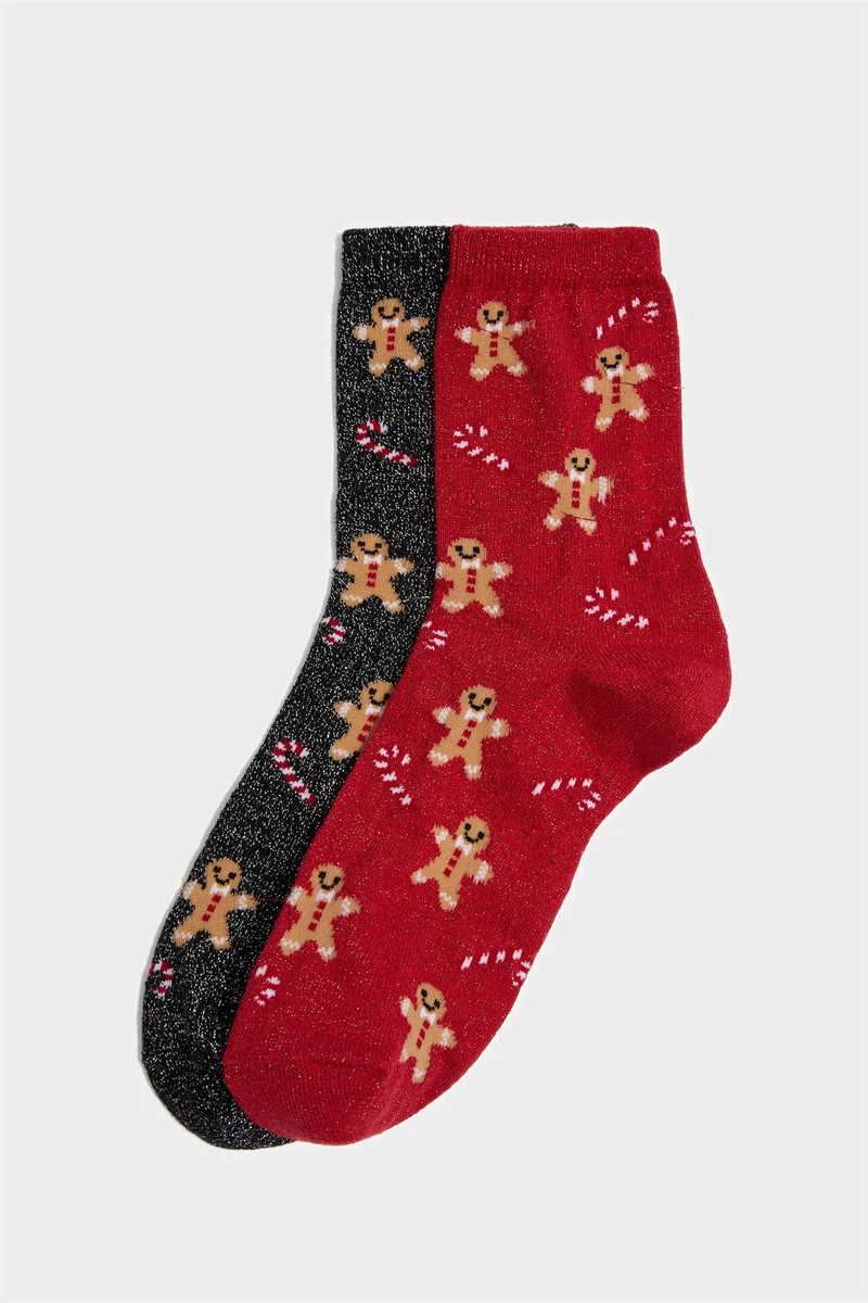 Woman Christmas Themed Printed 2 Piece Cotton Long Socks