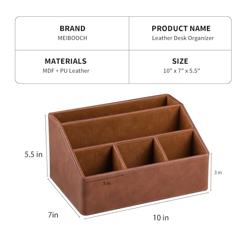 MEIBOOCH PU Leather Desk Organizer, Luxury Remote Control Holder for Home, Office Desk Accessories Table Caddy Bedside Nightstand Organizer (Brown) - Image 4