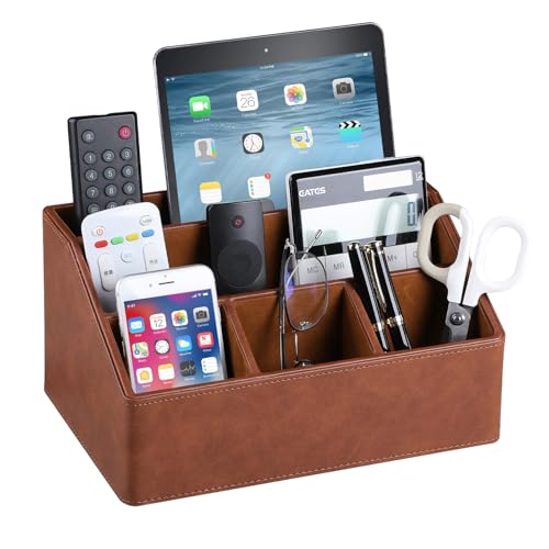 MEIBOOCH PU Leather Desk Organizer, Luxury Remote Control Holder for Home, Office Desk Accessories Table Caddy Bedside Nightstand Organizer (Brown) - Image 1
