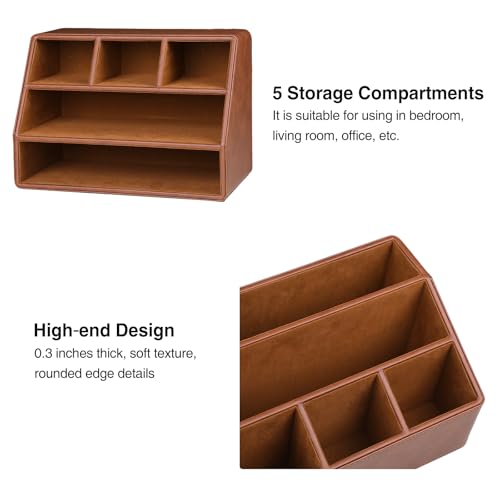 MEIBOOCH PU Leather Desk Organizer, Luxury Remote Control Holder for Home, Office Desk Accessories Table Caddy Bedside Nightstand Organizer (Brown) - Image 5