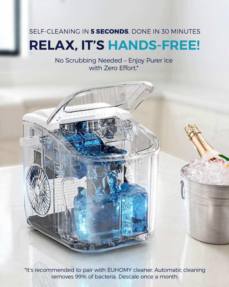 EUHOMY Countertop Ice Maker Machine with Handle, 26lbs Per Day, 9 Ice Cubes Ready in 6 Mins, Auto-Cleaning Portable Ice Maker with Basket and Scoop, for Home/Kitchen/Camping/RV (White) - Image 5