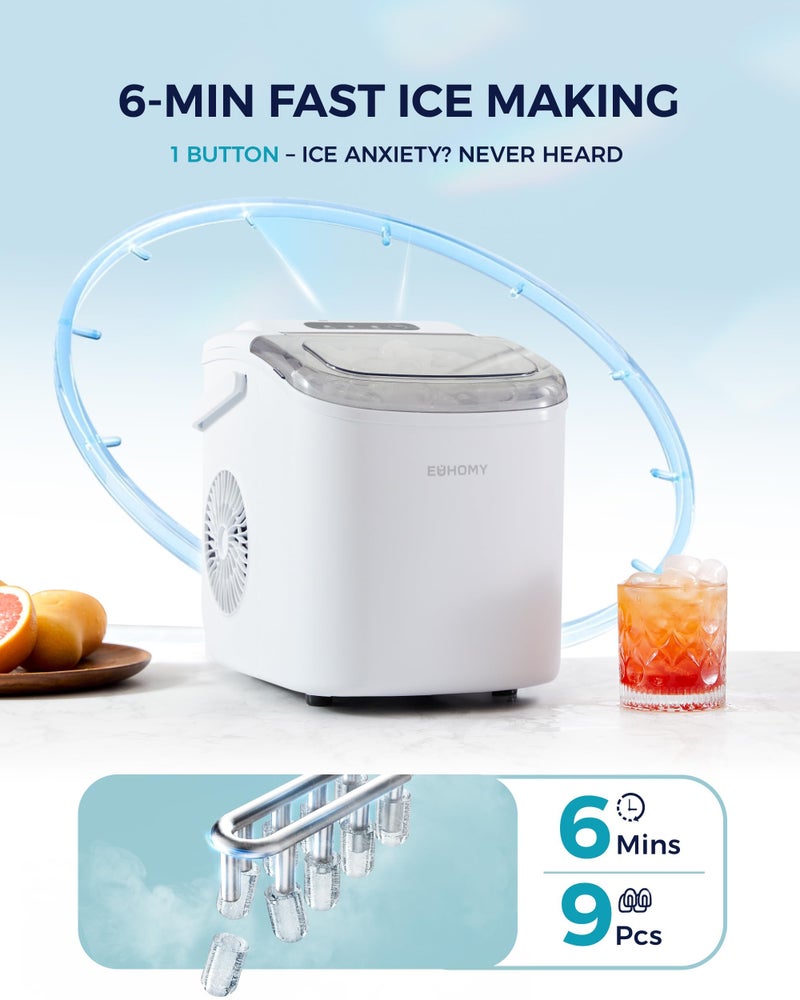 EUHOMY Countertop Ice Maker Machine with Handle, 26lbs Per Day, 9 Ice Cubes Ready in 6 Mins, Auto-Cleaning Portable Ice Maker with Basket and Scoop, for Home/Kitchen/Camping/RV (White) - Image 3