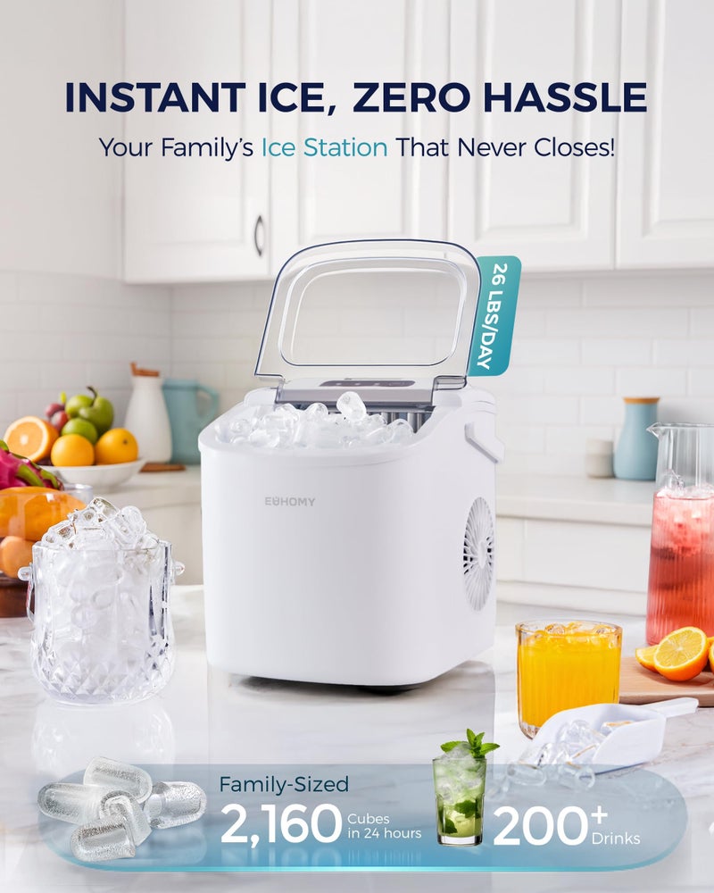 EUHOMY Countertop Ice Maker Machine with Handle, 26lbs Per Day, 9 Ice Cubes Ready in 6 Mins, Auto-Cleaning Portable Ice Maker with Basket and Scoop, for Home/Kitchen/Camping/RV (White) - Image 2