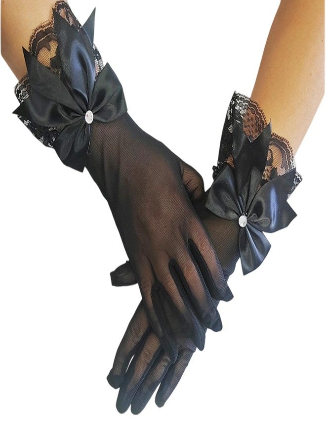Tarini Black Lace Gloves for Women, Short Satin Glove Bow Silk Party Glove Elegant Vintage Dress Lace Gloves Accessories for Wedding Dancing Dinner Masquerade - Image 1