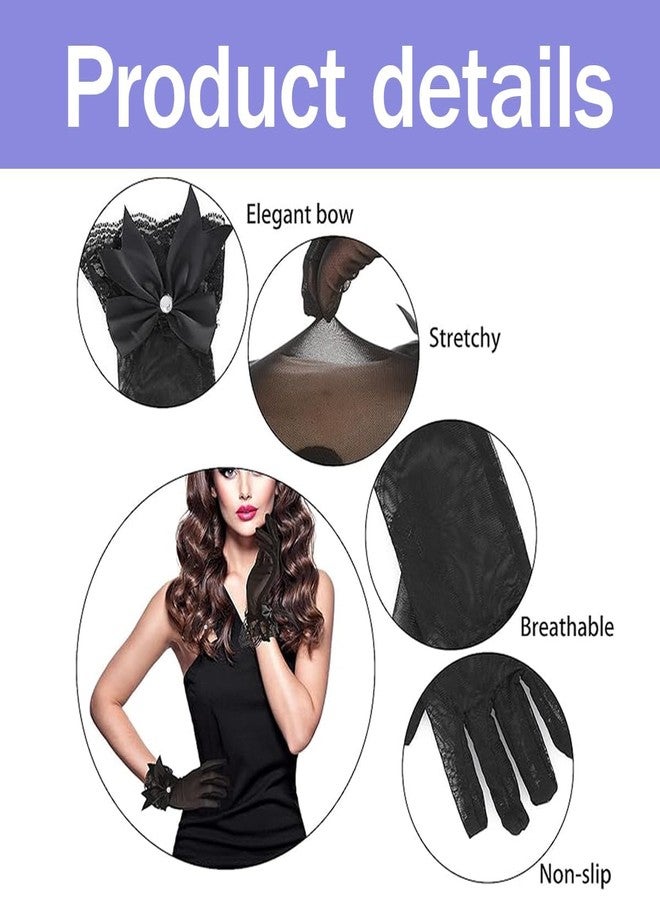 Tarini Black Lace Gloves for Women, Short Satin Glove Bow Silk Party Glove Elegant Vintage Dress Lace Gloves Accessories for Wedding Dancing Dinner Masquerade - Image 3