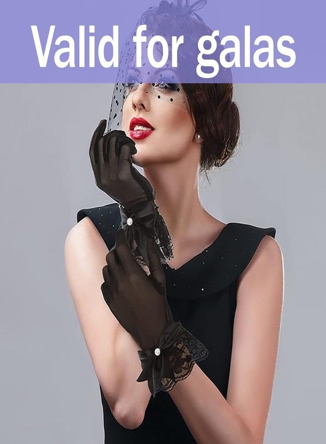 Tarini Black Lace Gloves for Women, Short Satin Glove Bow Silk Party Glove Elegant Vintage Dress Lace Gloves Accessories for Wedding Dancing Dinner Masquerade - Image 5