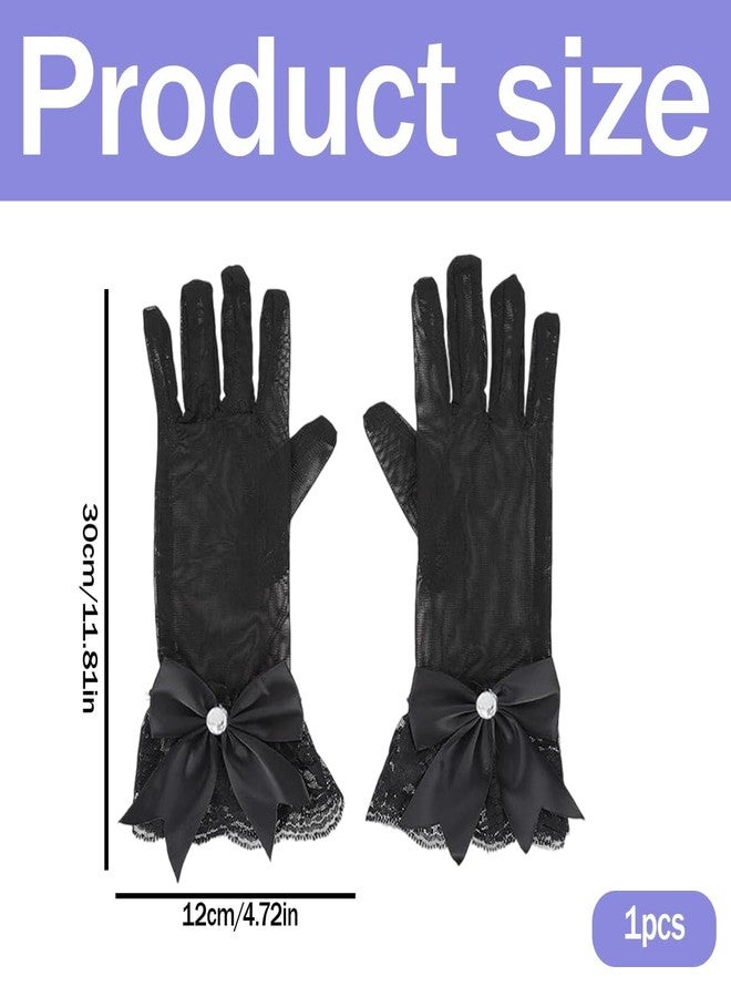 Tarini Black Lace Gloves for Women, Short Satin Glove Bow Silk Party Glove Elegant Vintage Dress Lace Gloves Accessories for Wedding Dancing Dinner Masquerade - Image 2