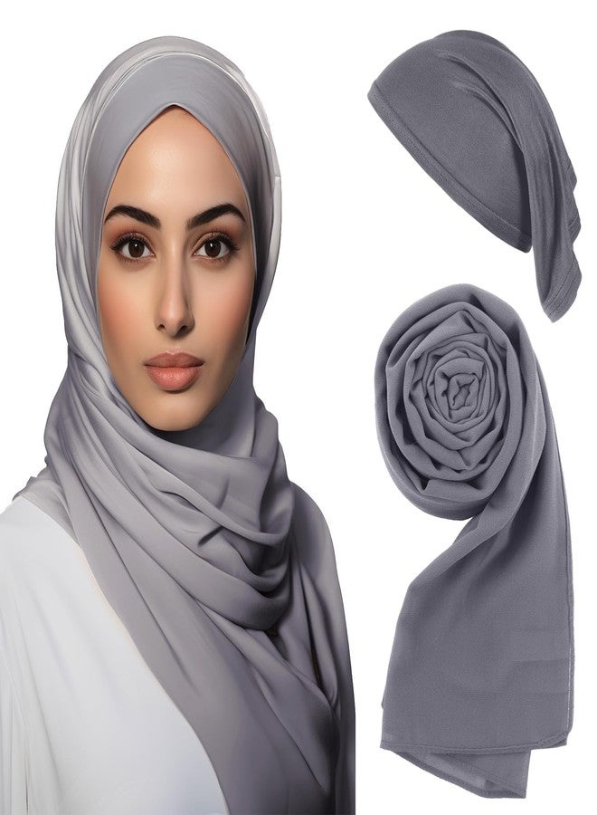 Bunnycool طقم حجاب وغطاء رأس داخلي من باني كول، وشاح رأس شيفون إسلامي للنساء، شال طويل سادة، غطاء رأس داخلي للحجاب (رمادي) - Image 1