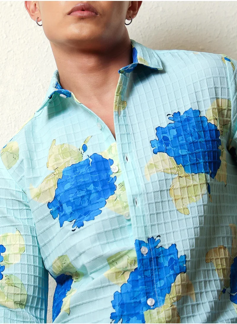 Campus Sutra Men's Light Blue Hydrangea Foliage Shirt